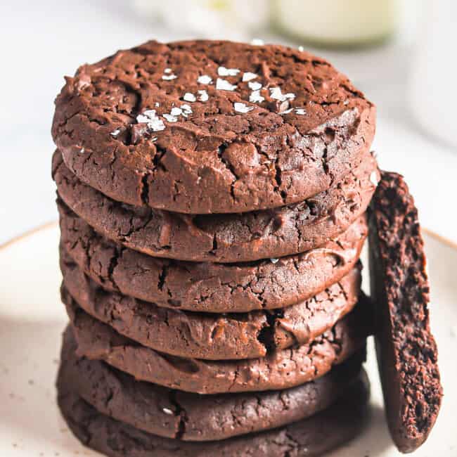 stacked brownie cookies with sea salt