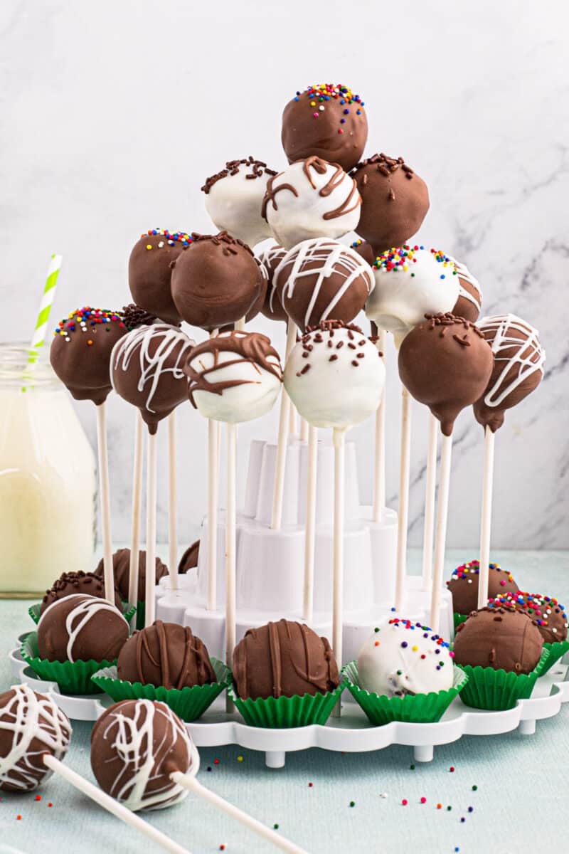 chocolate cake pops on stand