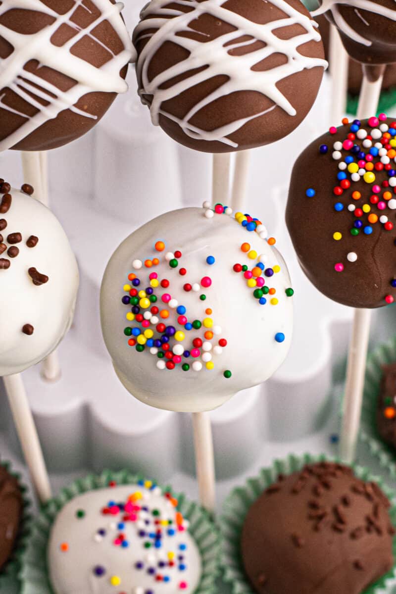 chocolate cake pops in stand