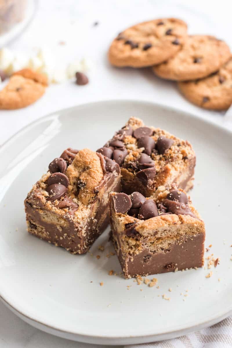 sliced chocolate chip cookie fudge on white plate