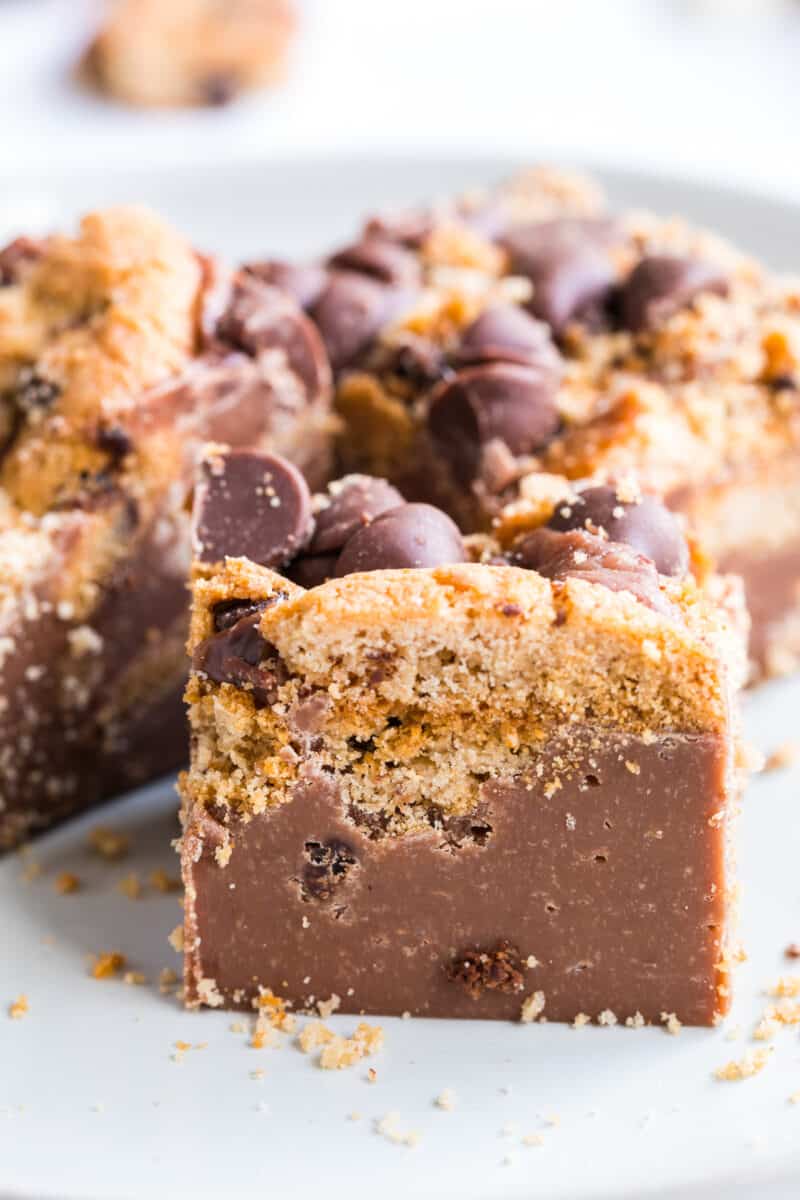 up close image of chocolate chip cookie fudge