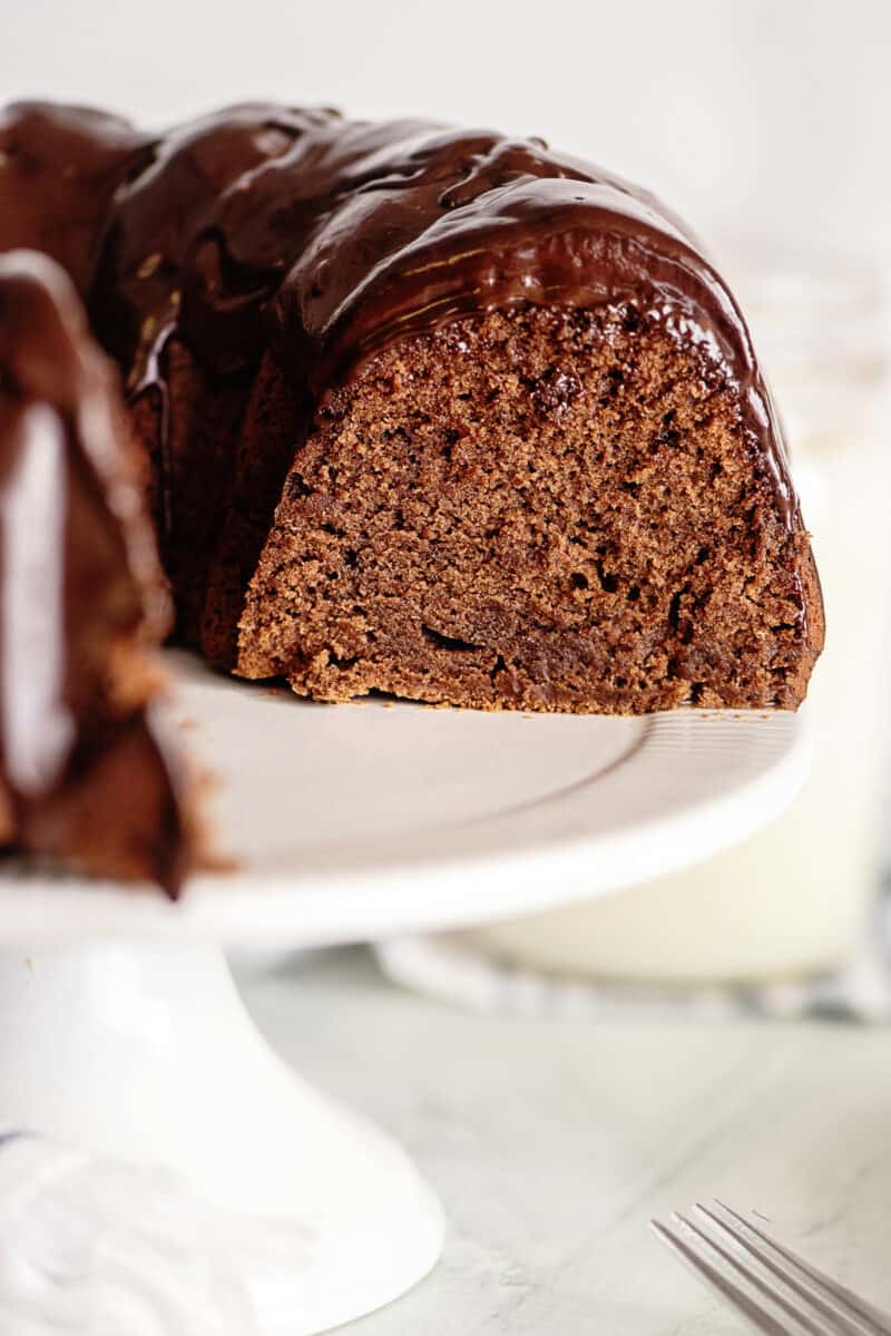 iced chocolate pound cake on cake stand