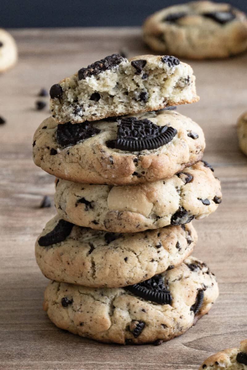 cookies and cream cookies with oreos on butcher block
