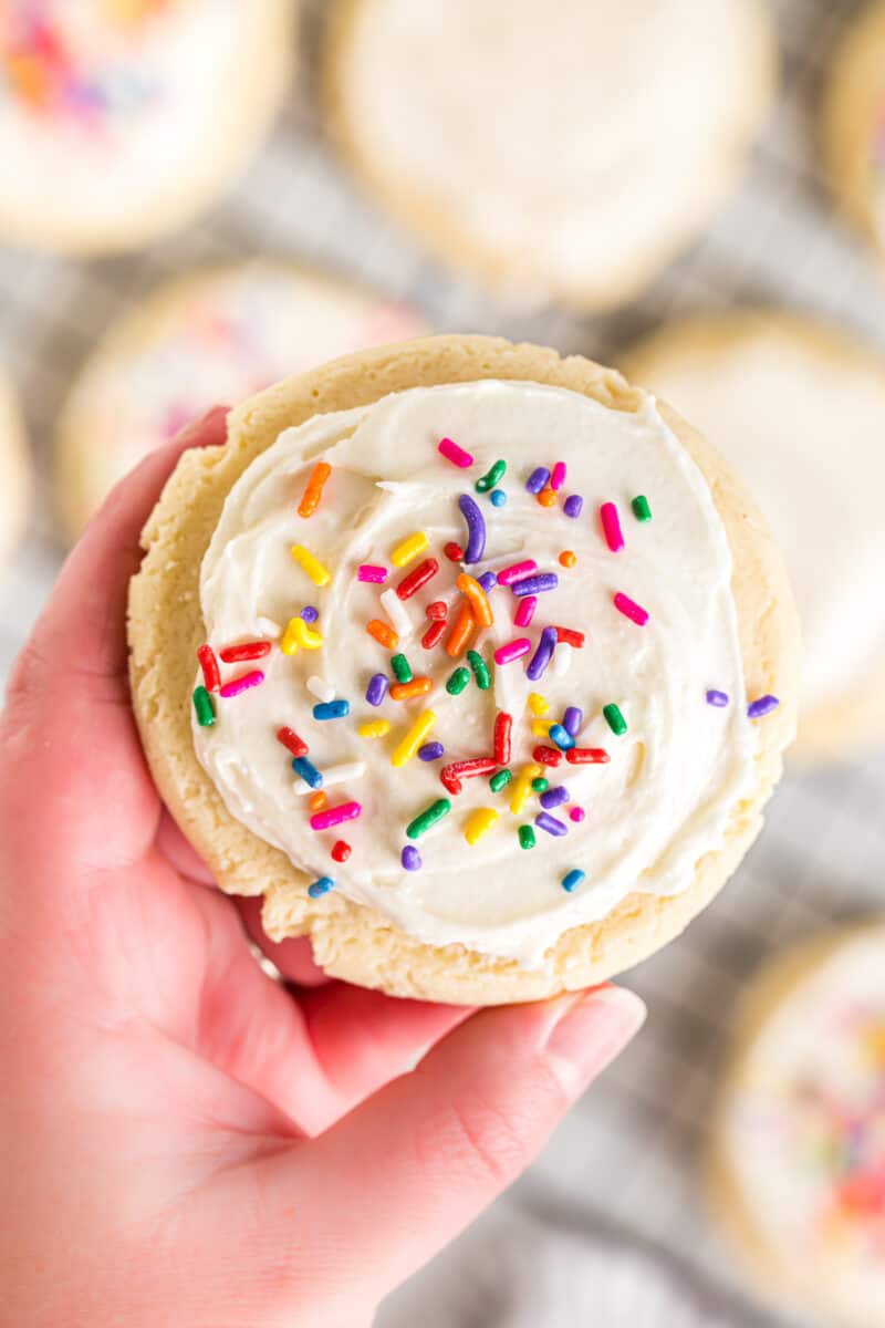 holding up sugar cookie with white icing and sprinkles
