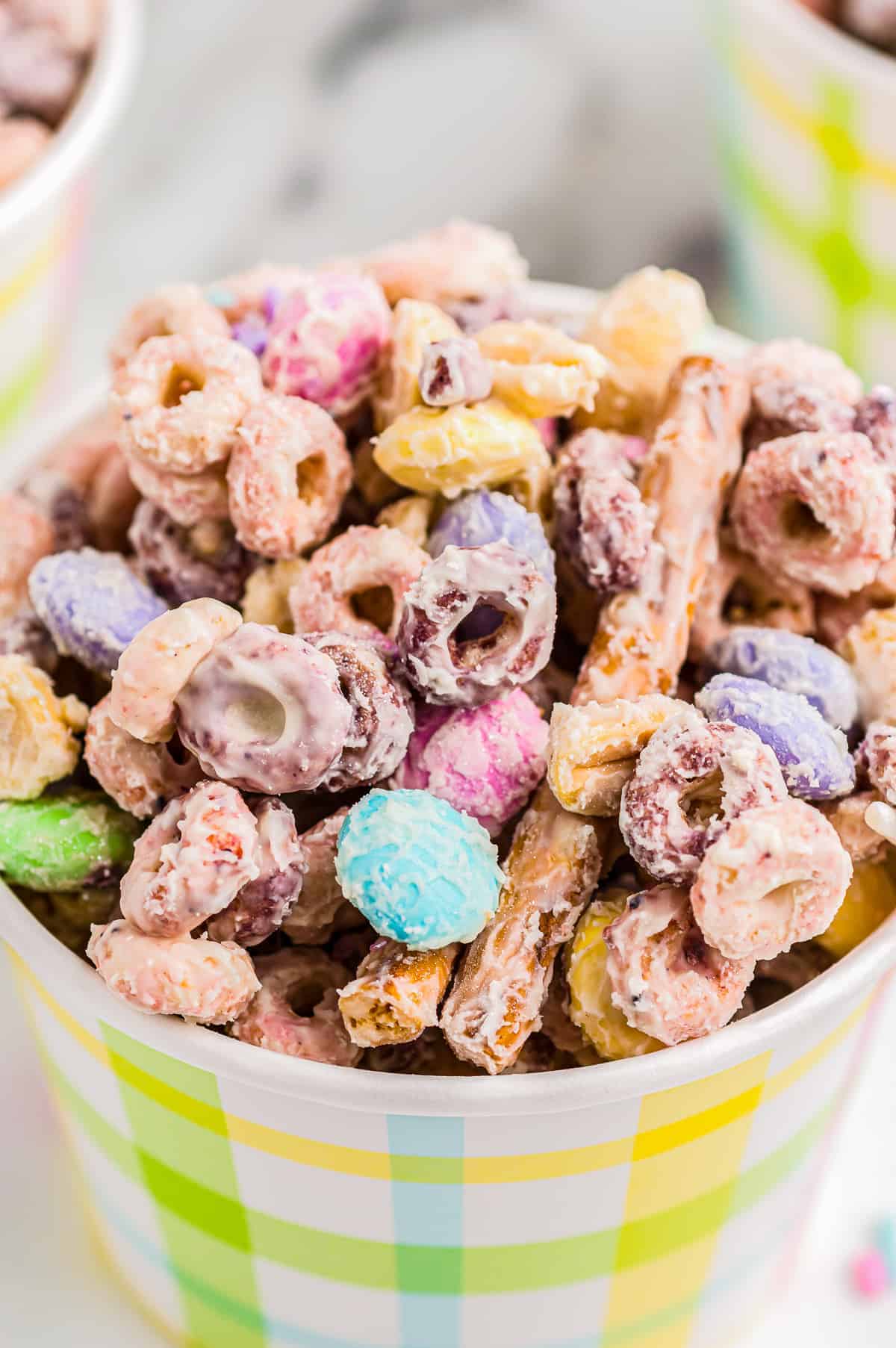up close cups of easter bunny bait snack mix