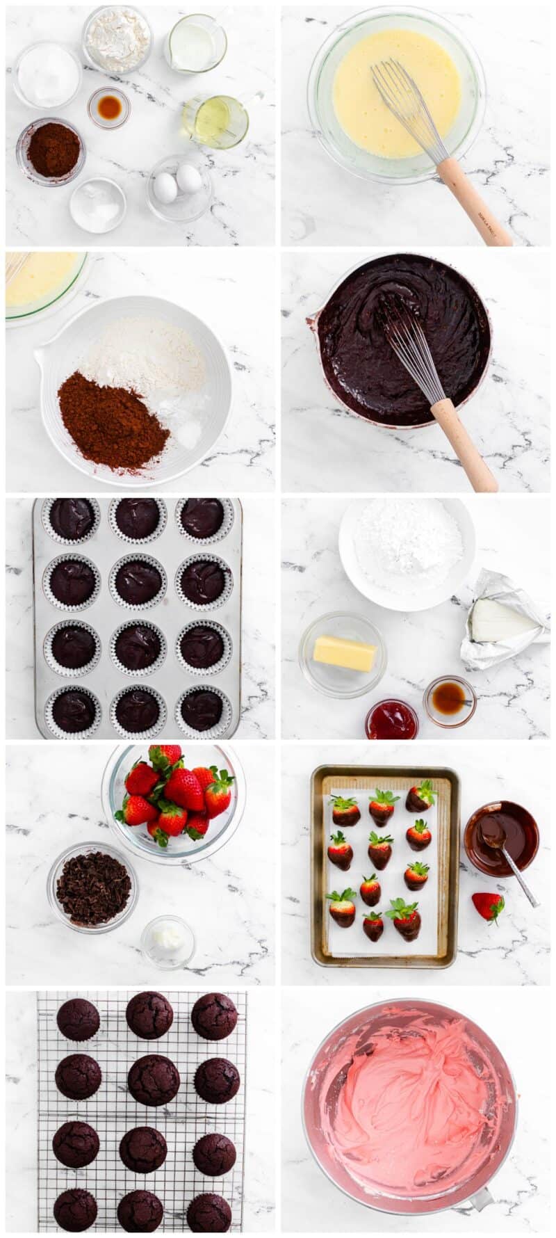 step by step recipe photos for how to make chocolate covered strawberry cupcakes