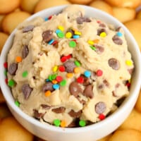 edible cookie dough dip in white bowl with vanilla wafers