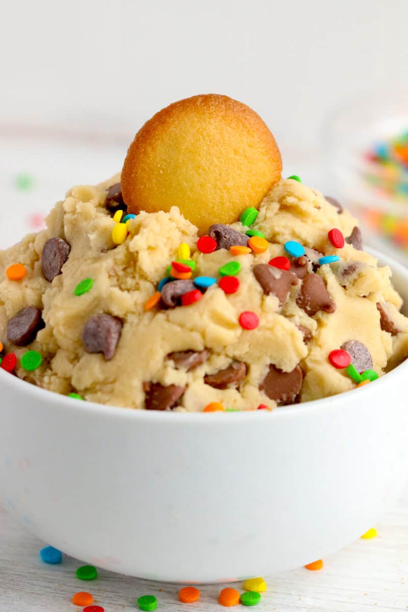 cookie dough dip with vanilla wafer on top