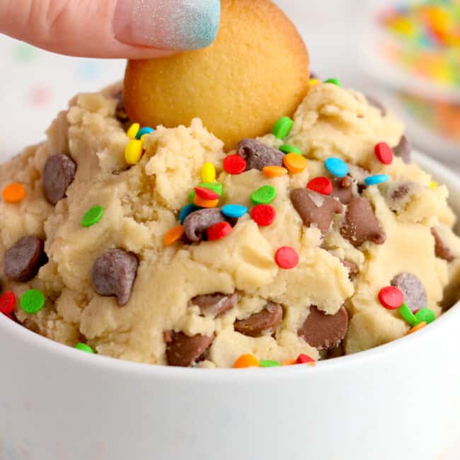 cookie dough dip with vanilla wafer on top