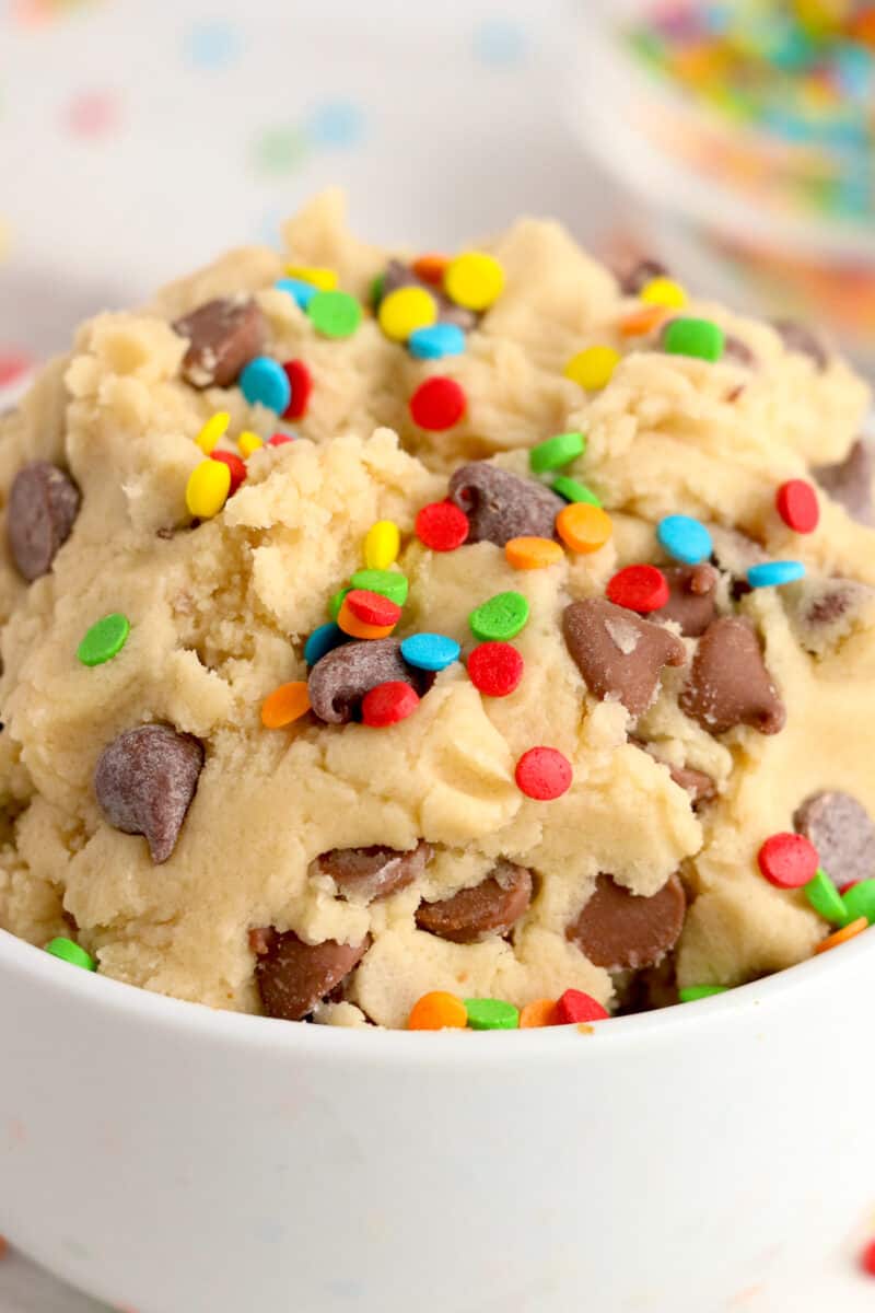 up close edible cookie dough dip in white bowl