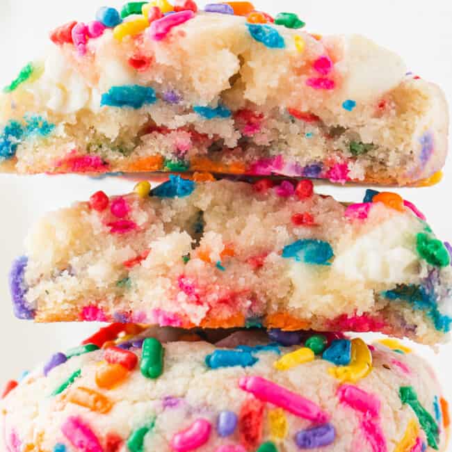 stacked funfetti cookies showing inside