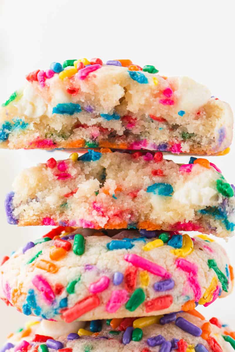 stacked funfetti cookies showing inside