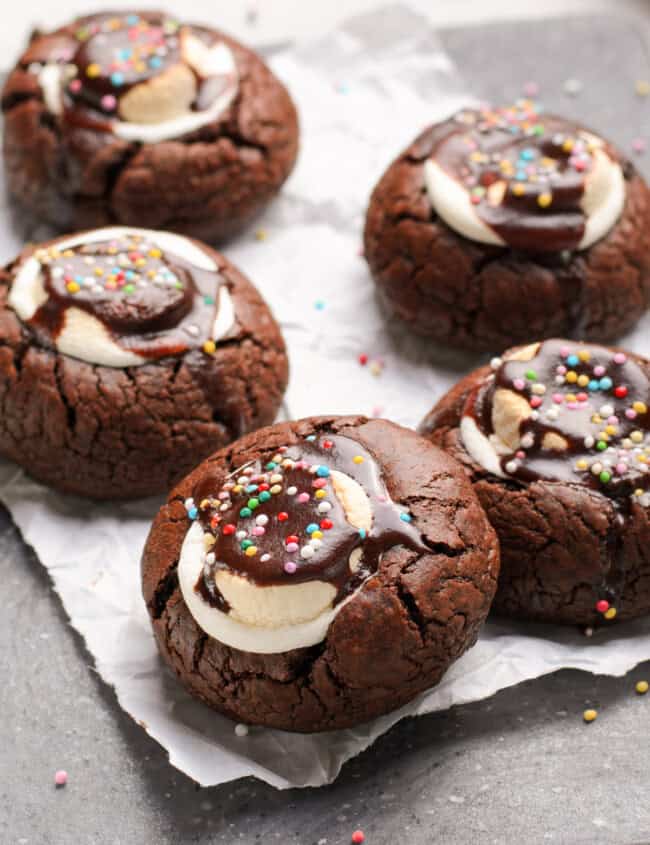 up close hot chocolate cookies on parchment