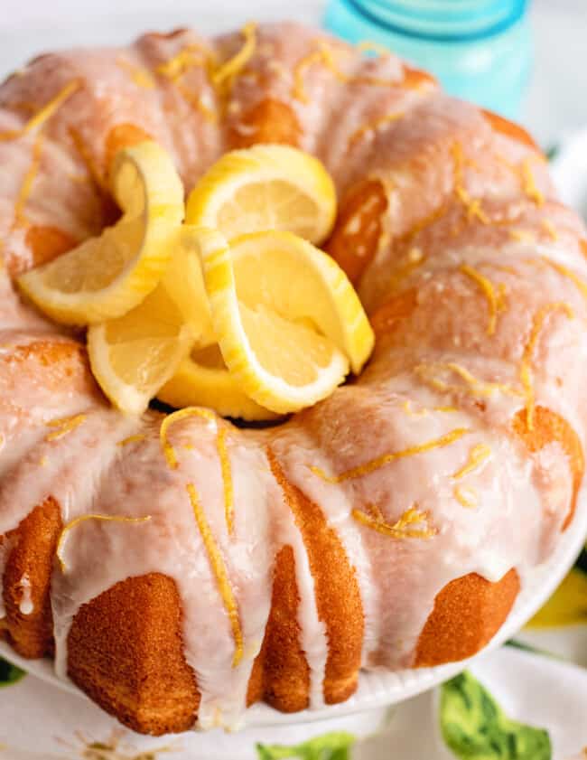 lemon bundt cake with icing and lemons