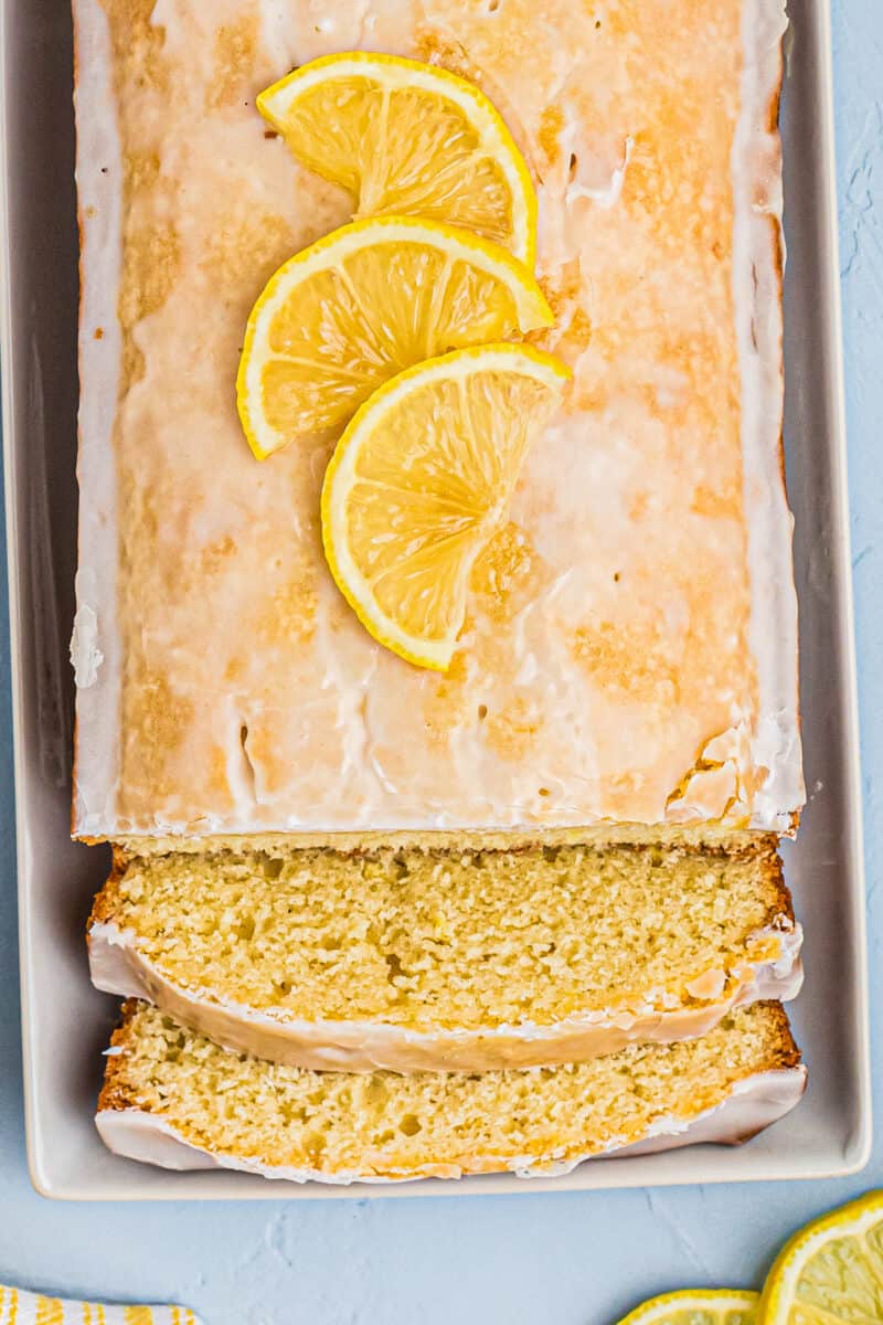 glazed lemon pound cake with two slices