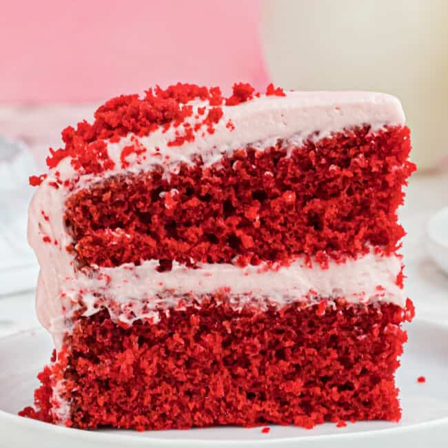 up close slice of red velvet cake
