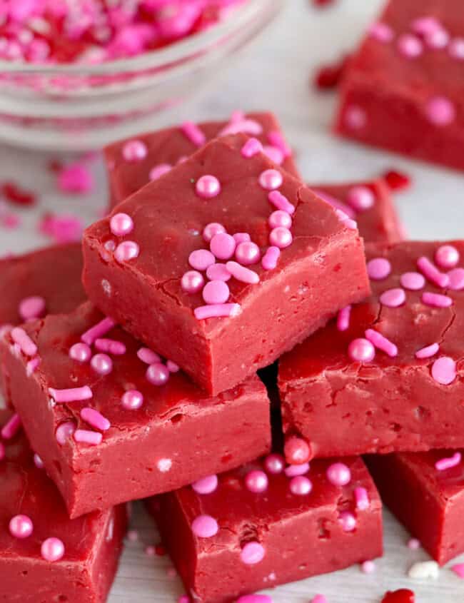 red velvet fudge pieces on platter