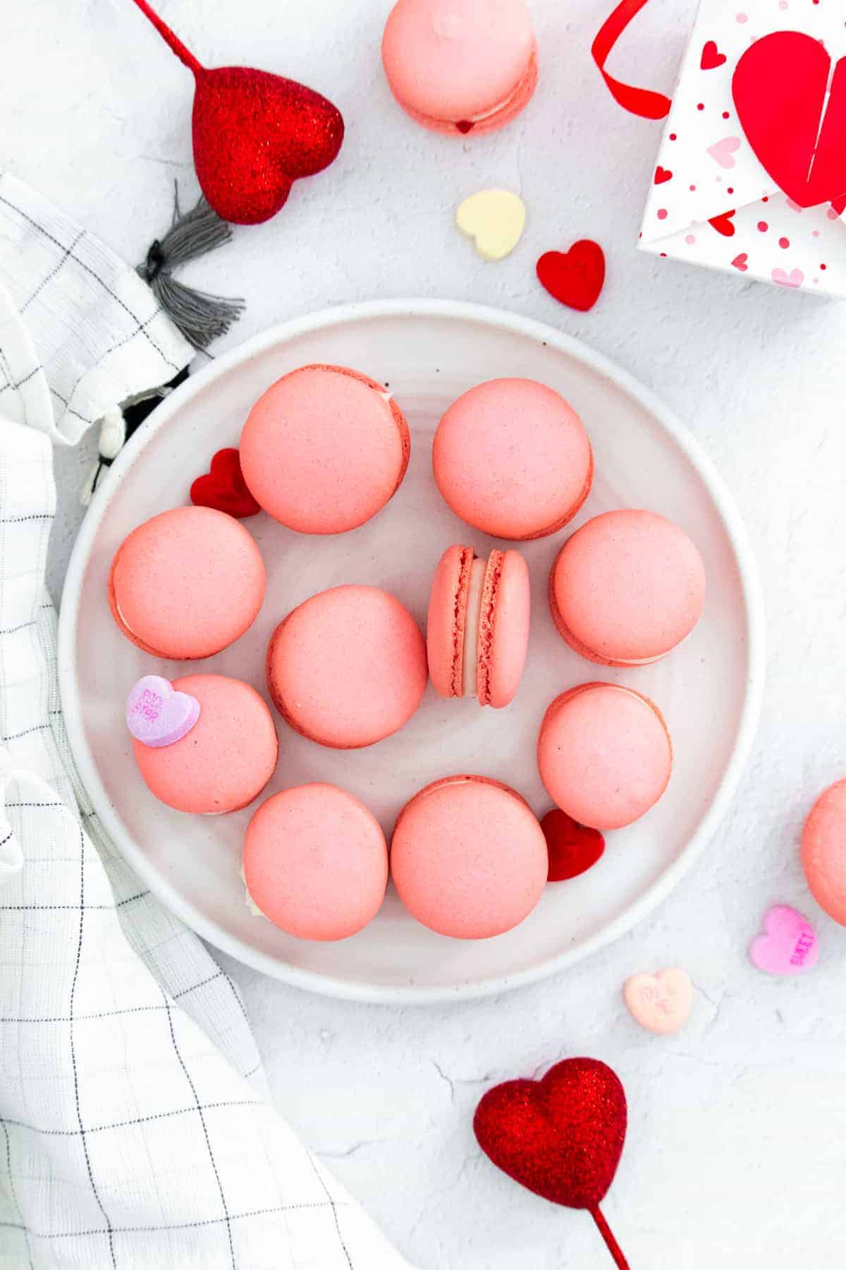 pink Valentine's Macarons on plate