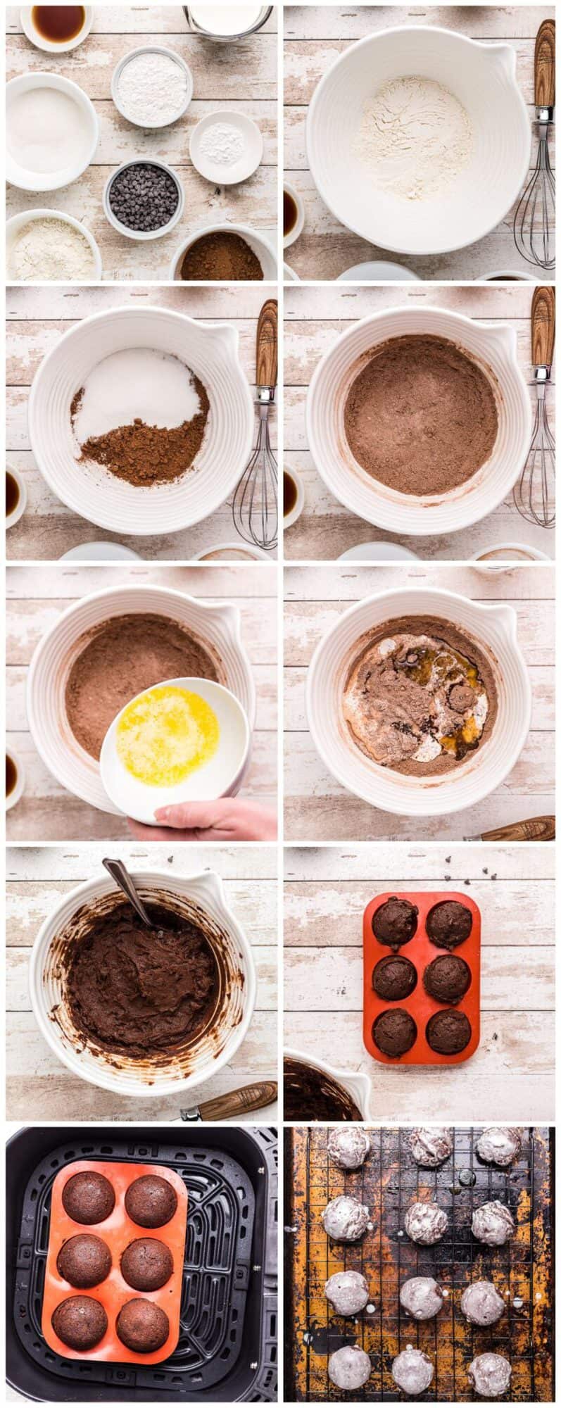 step by step photos for how to make chocolate donut holes in an air fryer