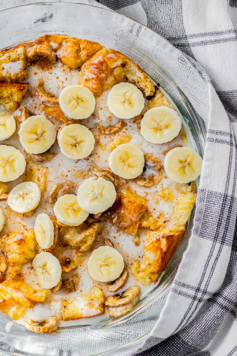 overhead image of banana bread pudding in baking dish
