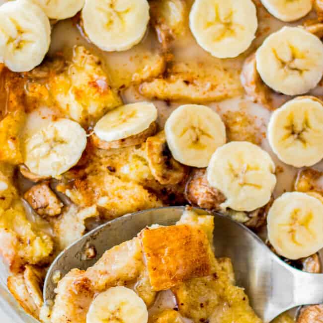 up close banana bread pudding with serving sopon