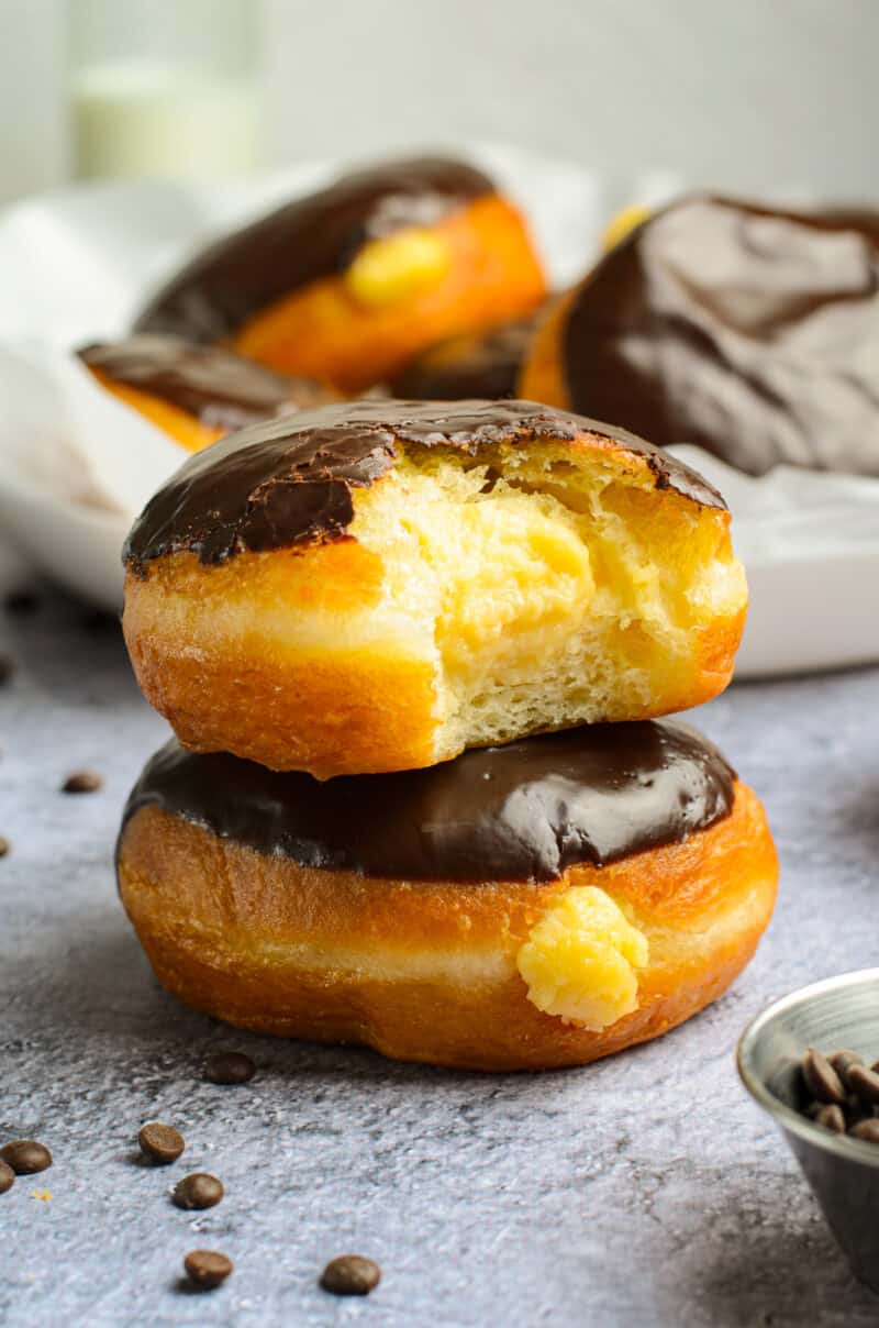 stacked boston cream donuts