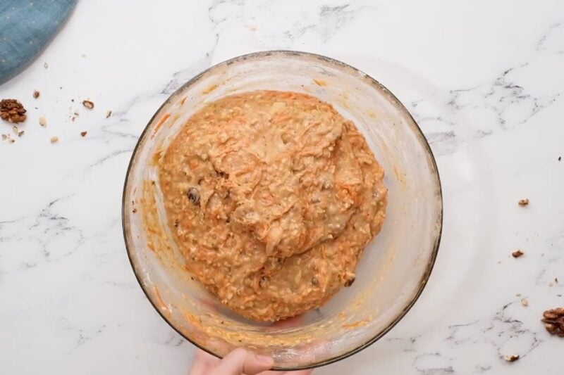 carrot cake cupcake batter in a glass bowl.
