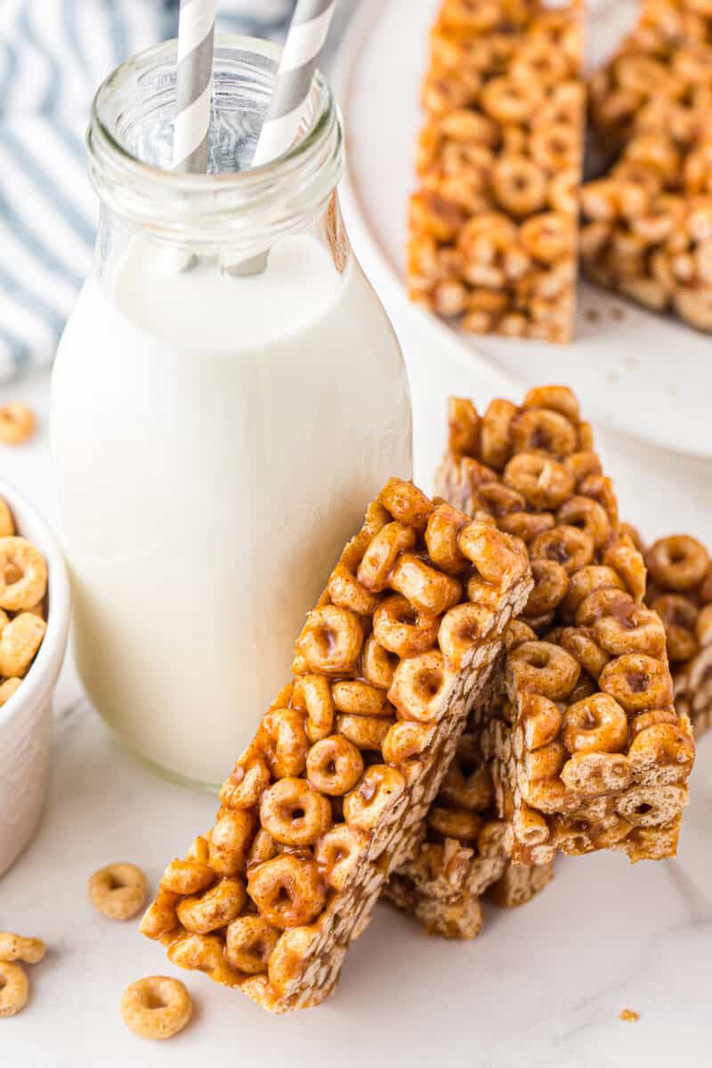 homemade cereal bars next to milk