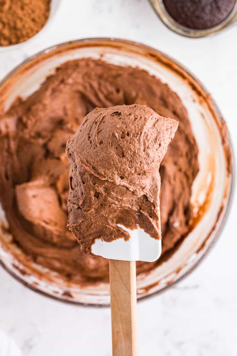 easy chocolate buttercream in mixing bowl
