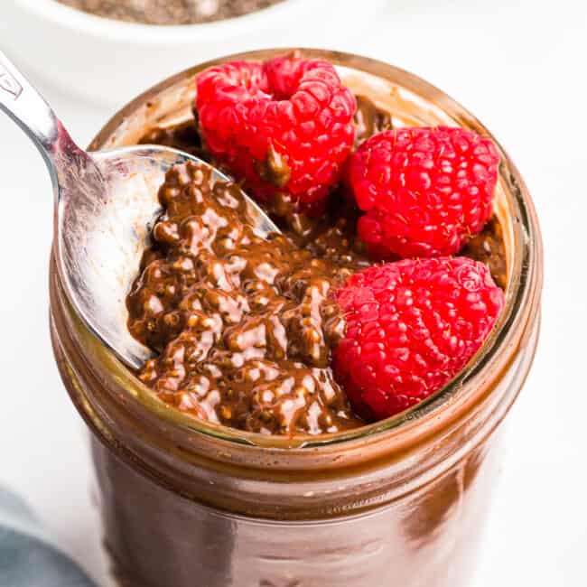 spoon in chocolate chia pudding