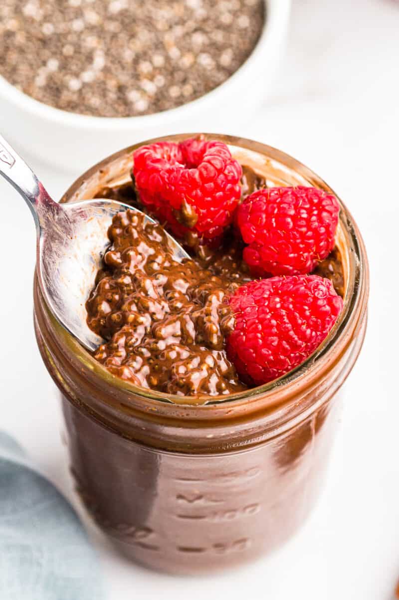 spoon in chocolate chia pudding
