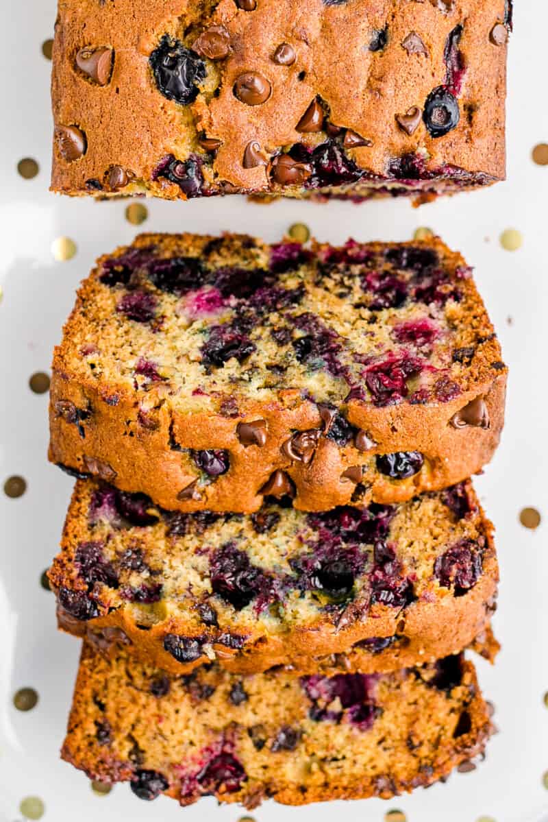 up close overhead sliced chocolate chip blueberry banana bread