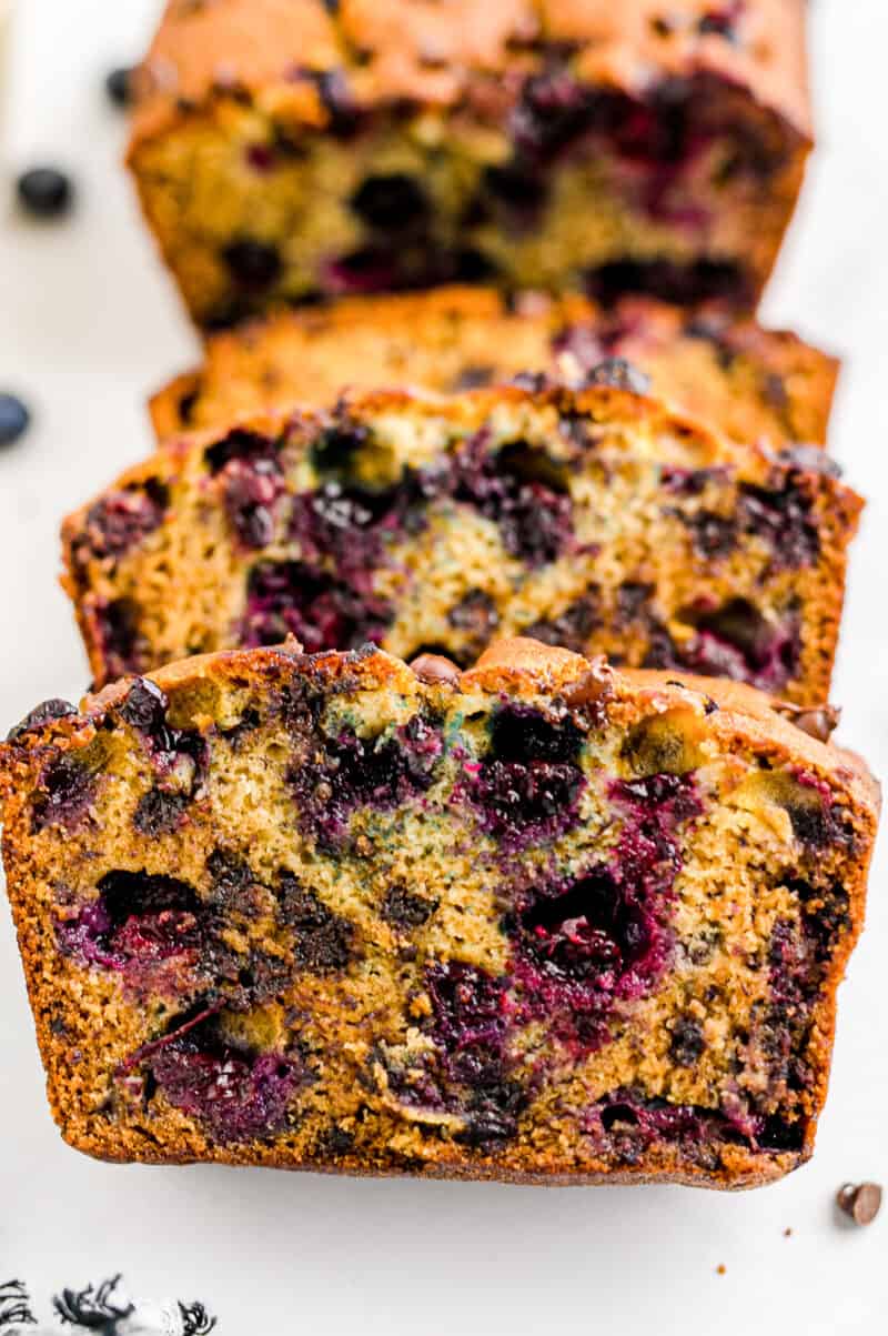 up close slices of chocolate chip blueberry banana bread
