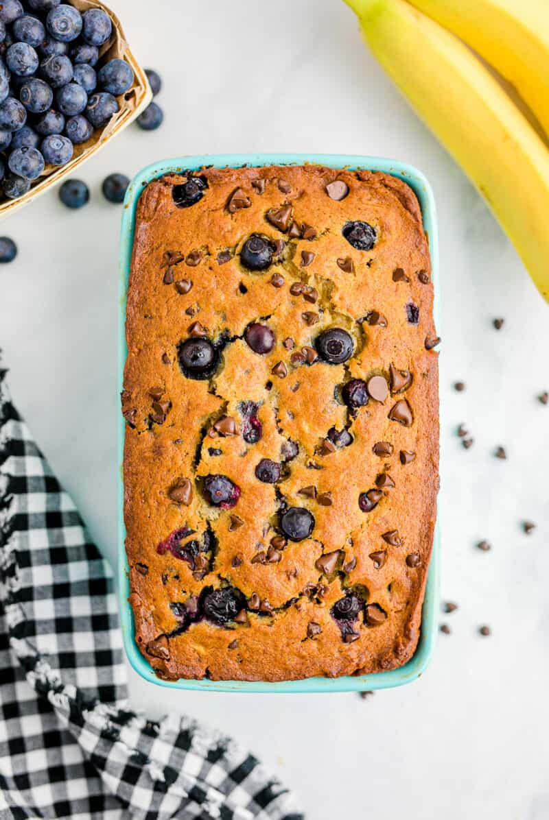 overhead loaf of chocolate chip blueberry banana bread