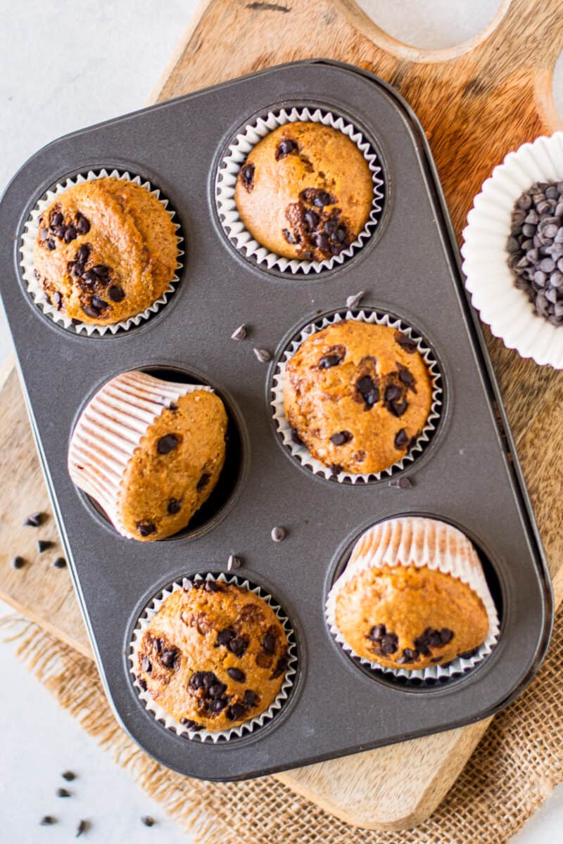 overhead chocolate chip muffins in muffin tin