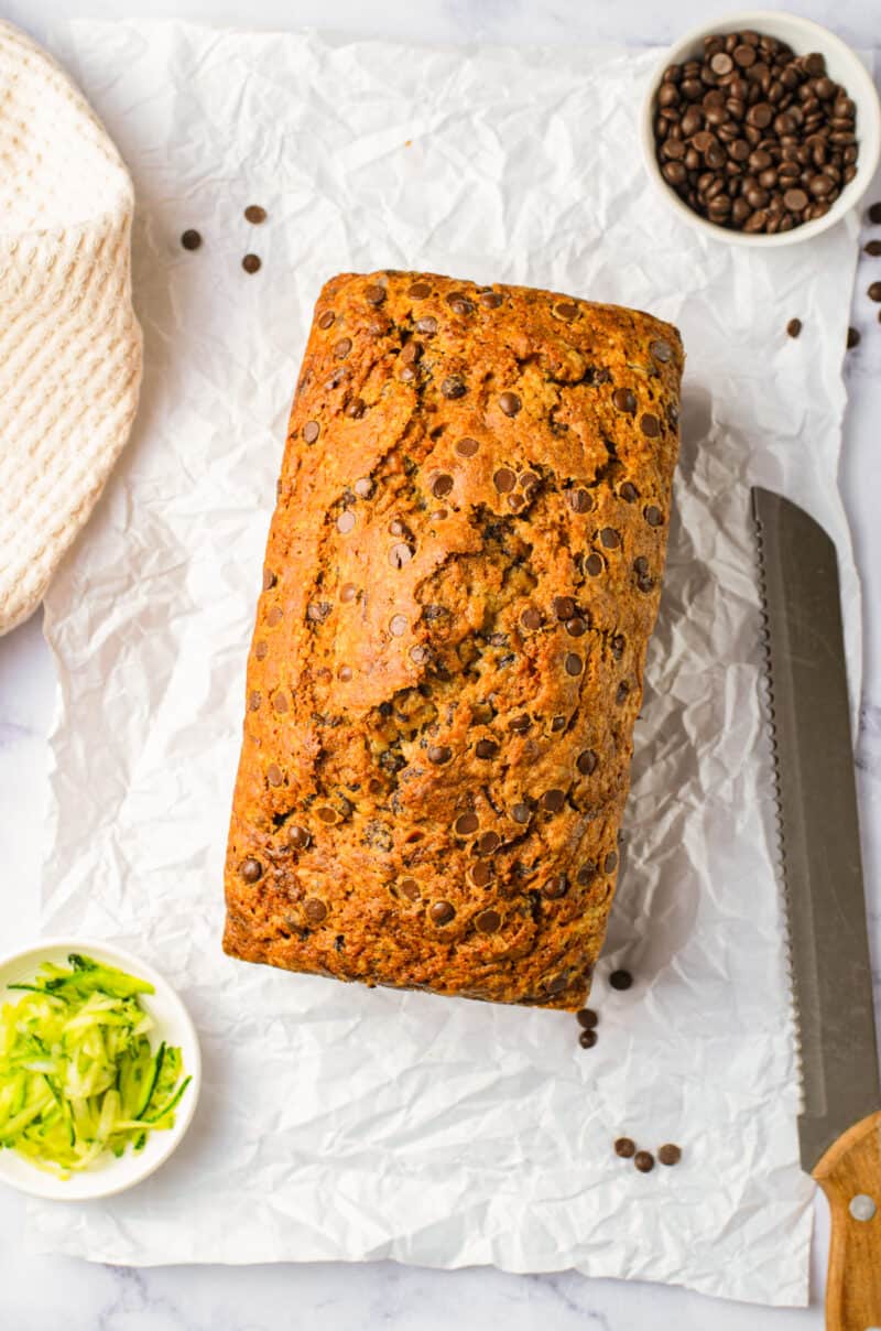 chocolate chip zucchini bread on parchment