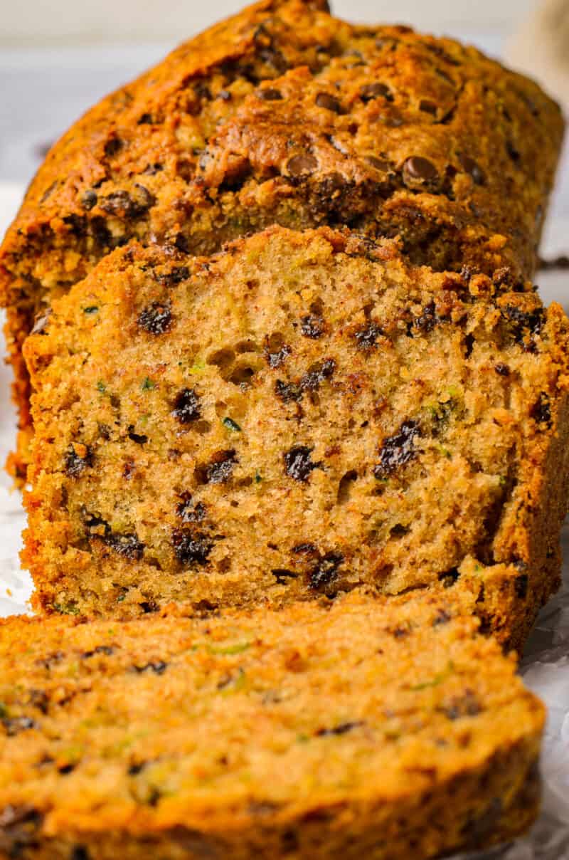 up close photo of slice of chocolate chip zucchini bread
