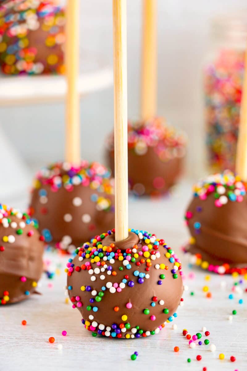 chocolate covered strawberry cake pops with sprinkles