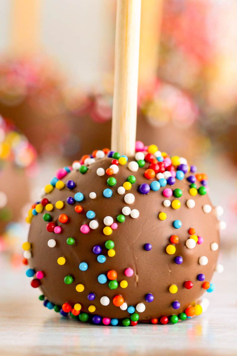 up close chocolate covered strawberry cake pops with sprinkles