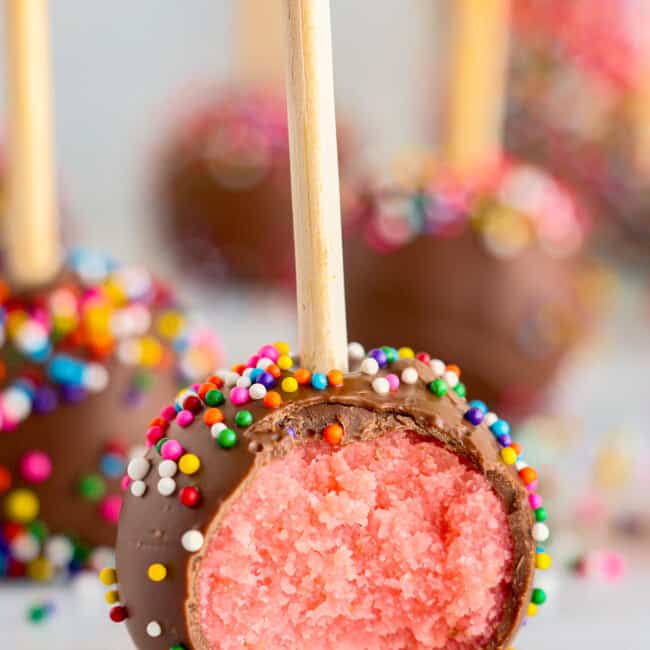 bite out of chocolate covered strawberry cake pop
