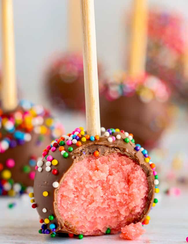 bite out of chocolate covered strawberry cake pop