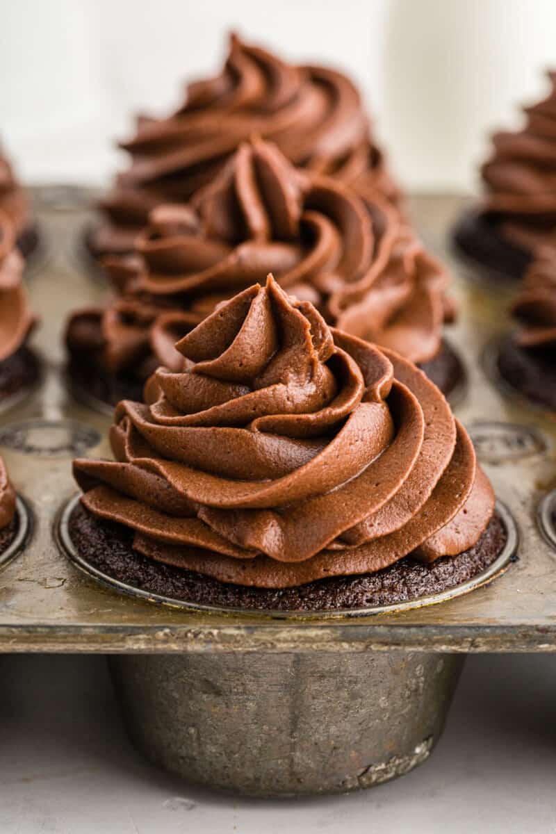 up close chocolate cupcakes with chocolate buttercream in cupcake tin