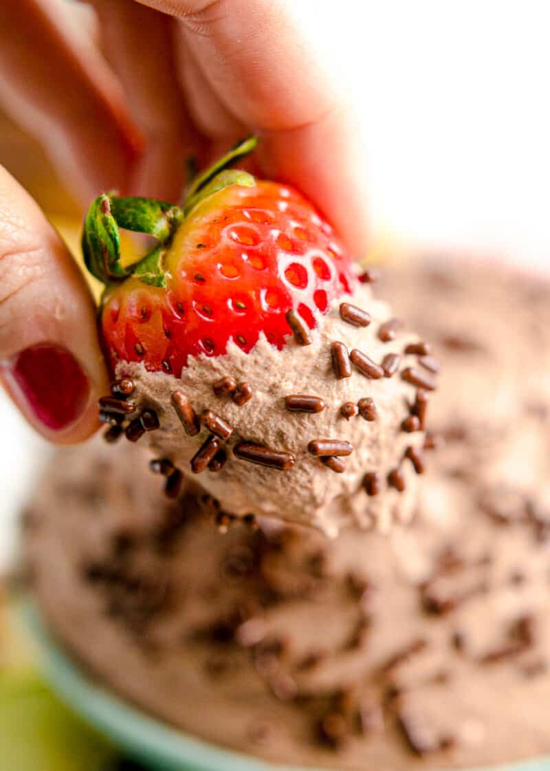 up close strawberry dipped in chocolate fruit dip