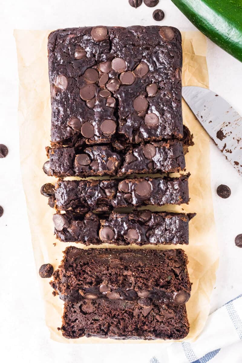 overhead sliced chocolate zucchini bread with chocolate chips