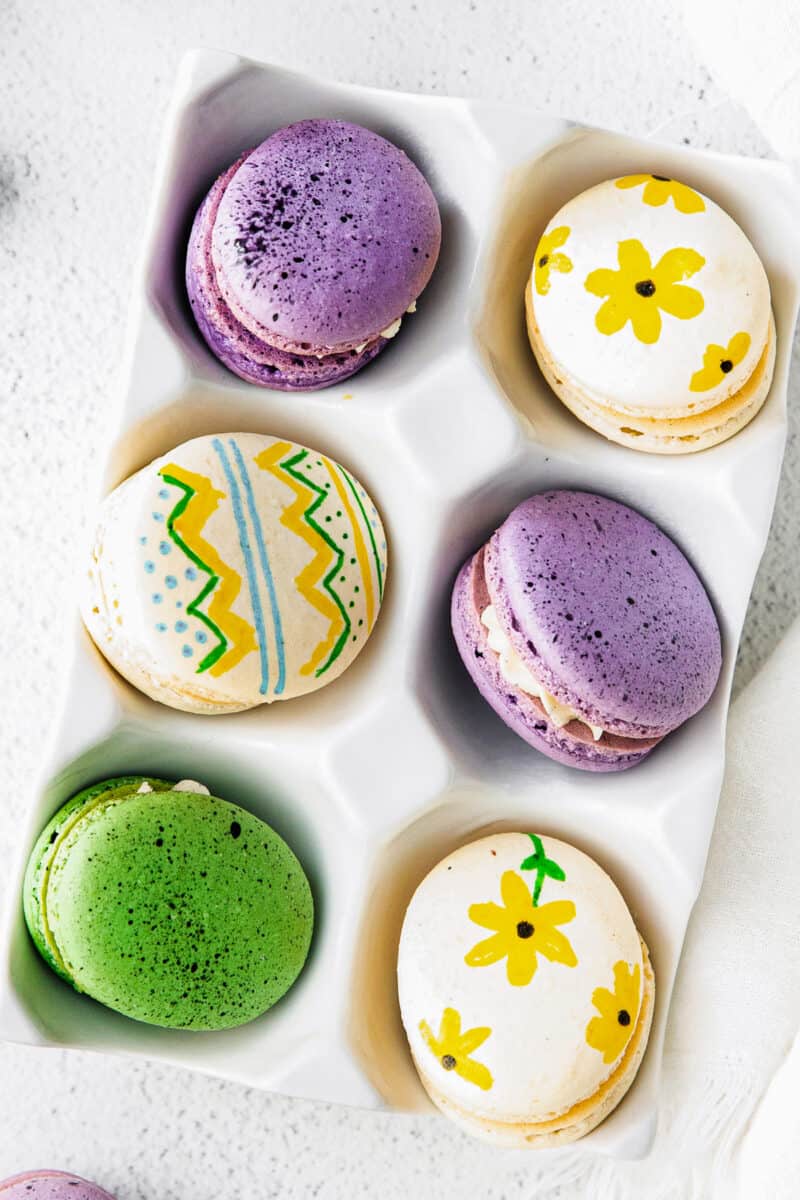 easter egg macarons in egg crate