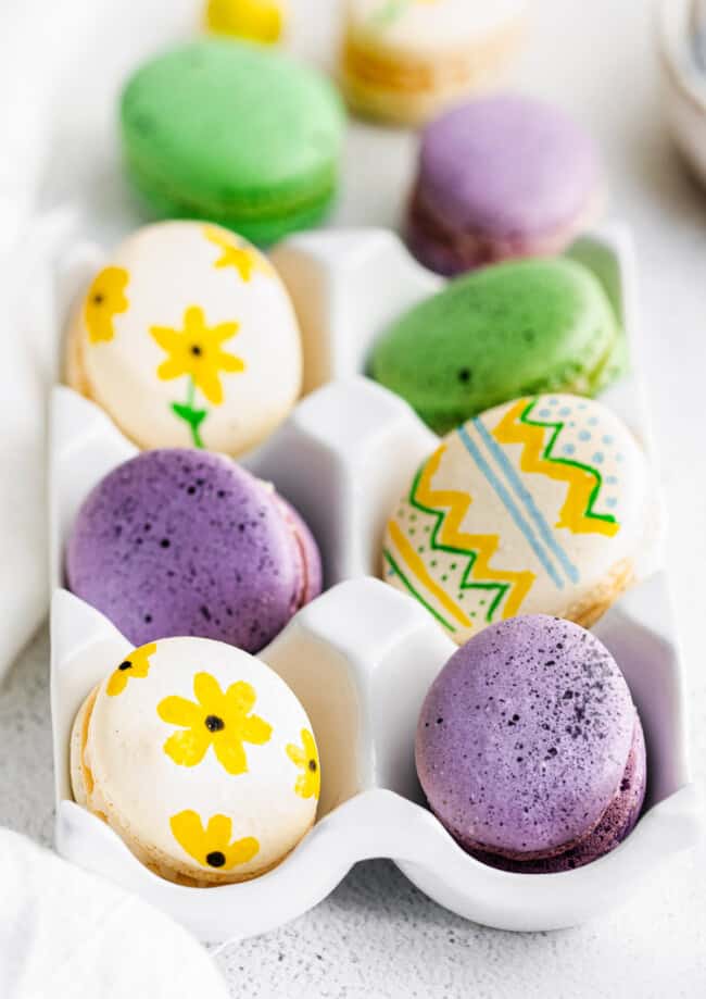 side easter egg macarons in egg crate