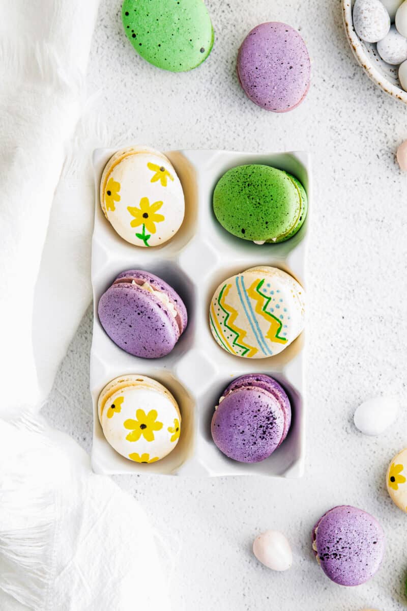 easter egg macarons in egg crate