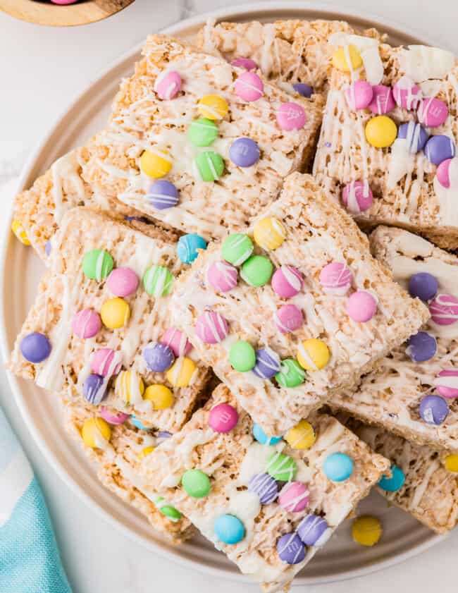 up close stacked easter rice krispie treats on serving platter