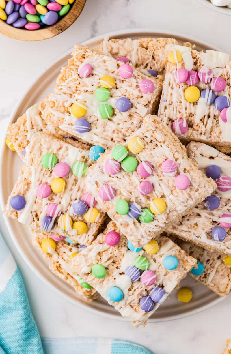 up close stacked easter rice krispie treats on serving platter
