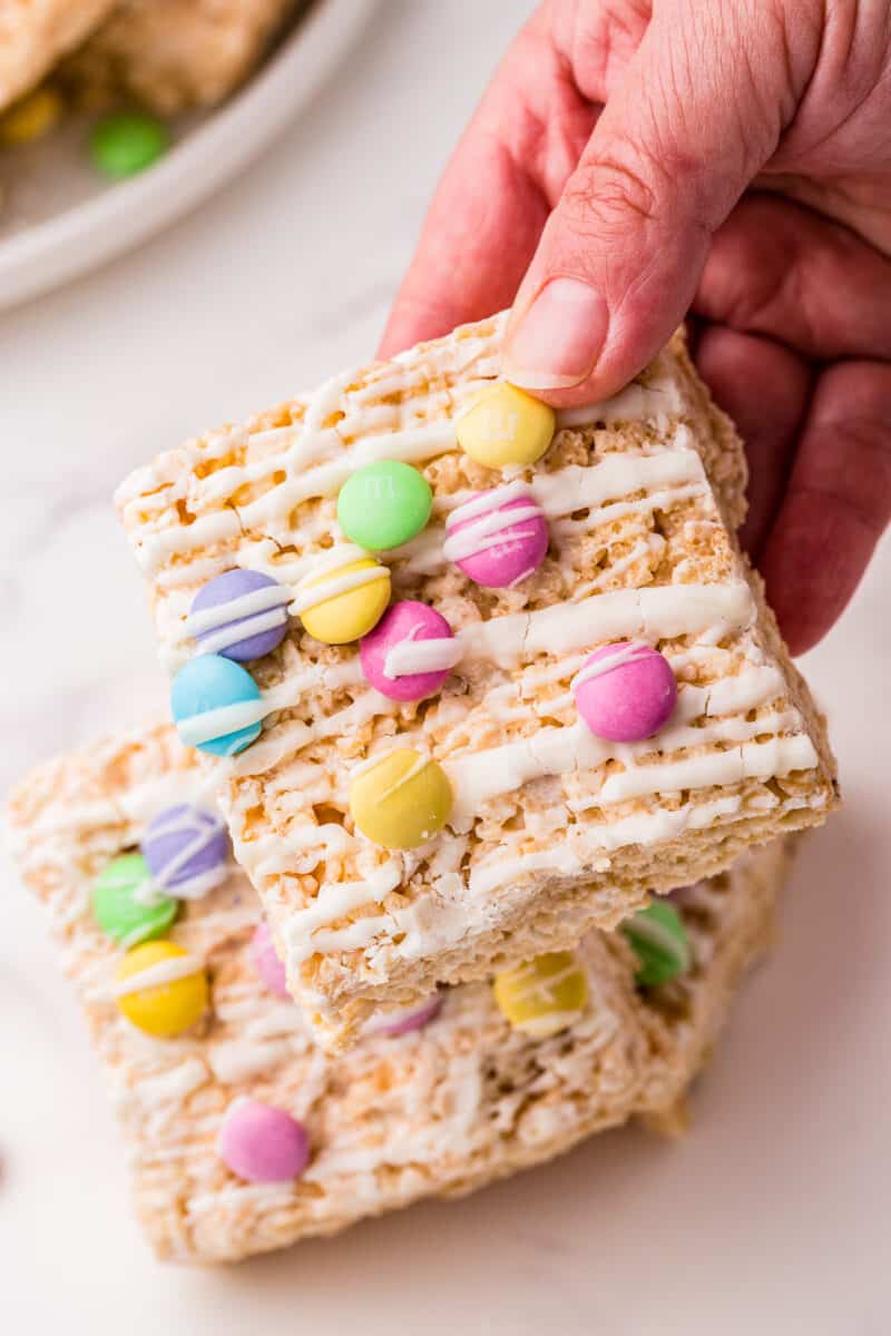 holding up easter rice krispie treat with white chocolate